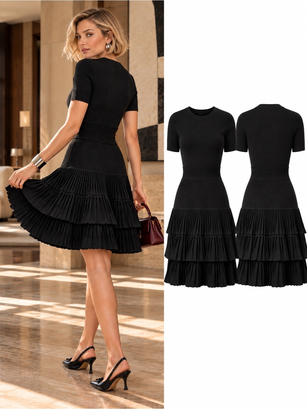 Maje Raliano Black Pleated Ribbed Knit Tiered Mini Dress Size Small